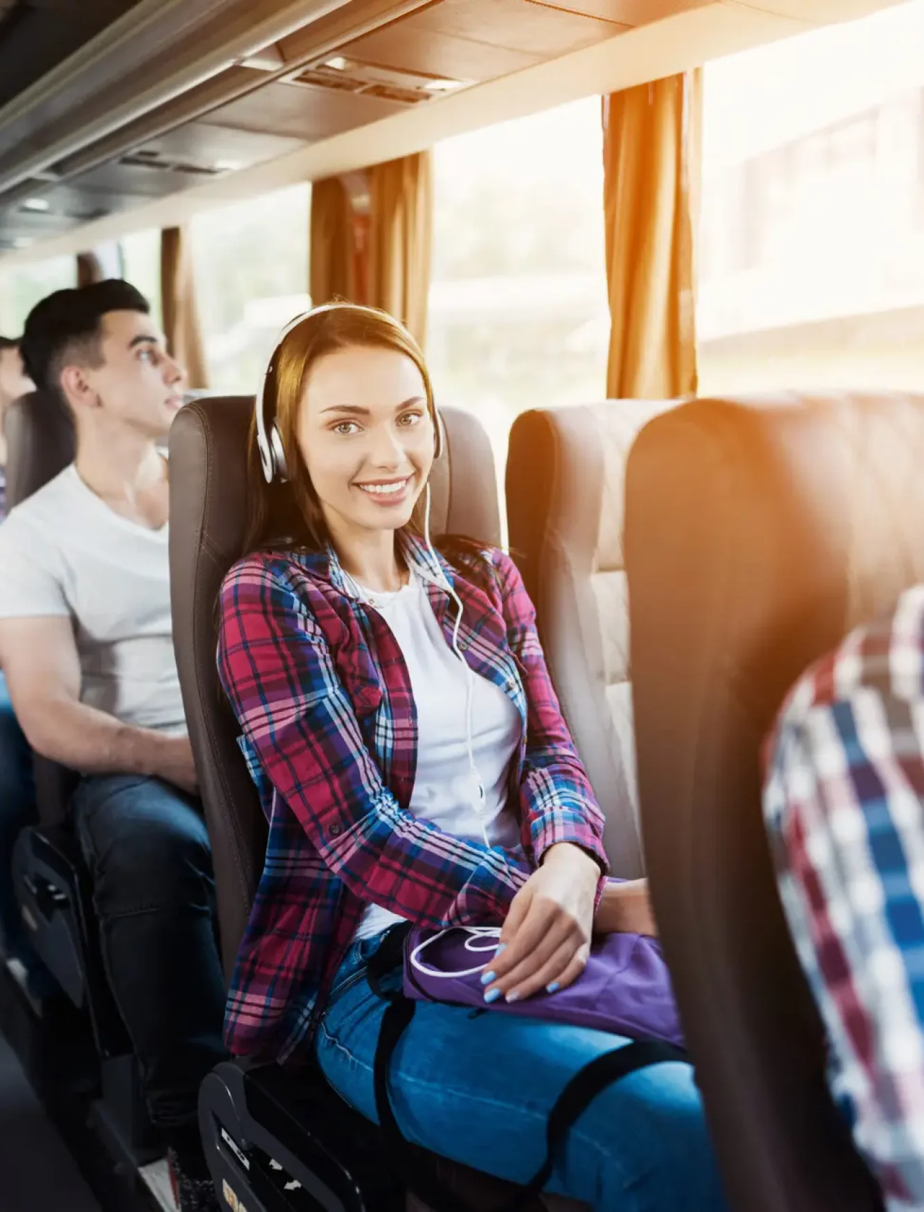Hipster Passengers Have Music Read in Travel Bus.